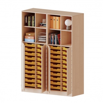 ErgoTray Schrank, 4reihig, 3OH unten Türen, 40 flache Boxen, oben 2OH Regal, B/H/T 140,6x190x50cm 